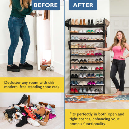 10 Tier Shoe Organizer, Sturdy Tall Shoe Rack for Closet, Bedroom, Entryway, Garage, Non Woven Fabric Shelf, Black, Holds Up to 50 Pairs