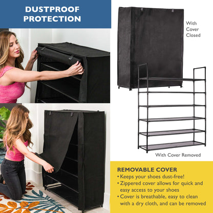 6 Tier Shoe Organizer, Sturdy Tall Shoe Rack for Closet, Bedroom, Garage, Non Woven Fabric Shelf, Black, Holds Up to 30 Pairs