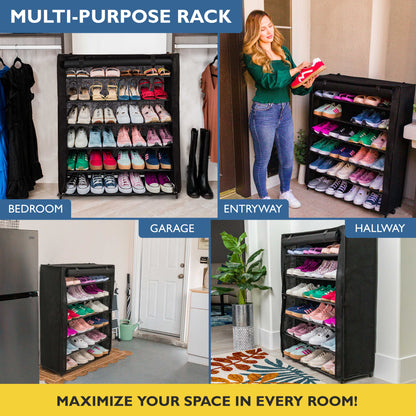 6 Tier Shoe Organizer, Sturdy Tall Shoe Rack for Closet, Bedroom, Garage, Non Woven Fabric Shelf, Black, Holds Up to 30 Pairs