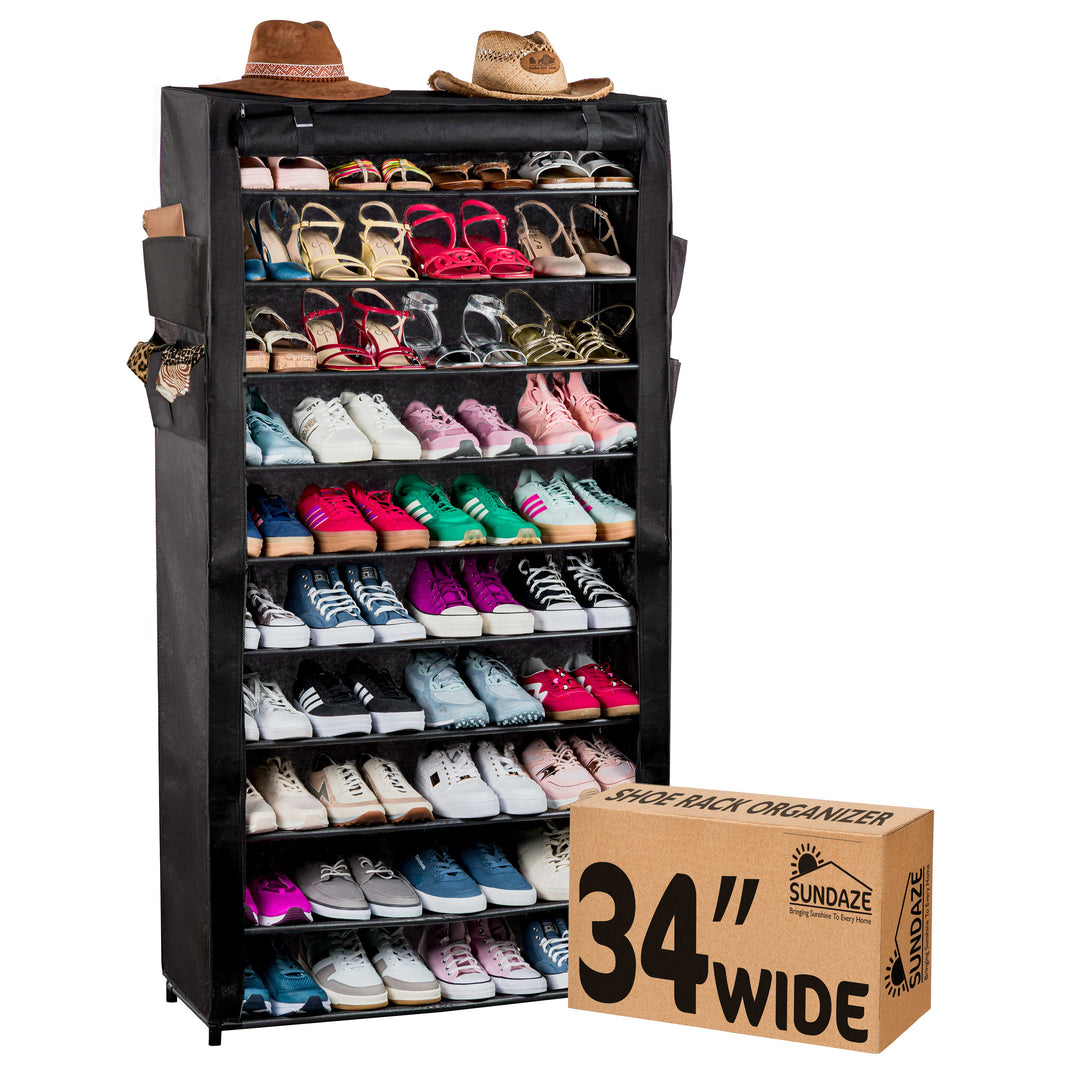 10 Tier Shoe Organizer, Sturdy Tall Shoe Rack for Closet, Bedroom, Garage, Non Woven Fabric Shelf, Black, Holds Up to 50 Pairs