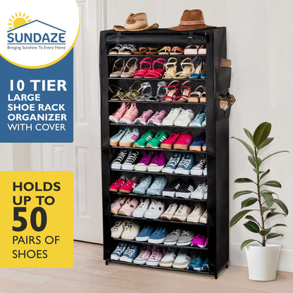 10 Tier Shoe Organizer, Sturdy Tall Shoe Rack for Closet, Bedroom, Garage, Non Woven Fabric Shelf, Black, Holds Up to 50 Pairs