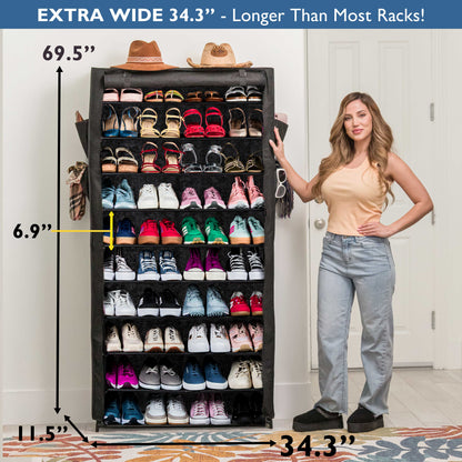 10 Tier Shoe Organizer, Sturdy Tall Shoe Rack for Closet, Bedroom, Garage, Non Woven Fabric Shelf, Black, Holds Up to 50 Pairs