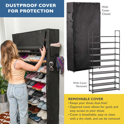 10 Tier Shoe Organizer, Sturdy Tall Shoe Rack for Closet, Bedroom, Garage, Non Woven Fabric Shelf, Black, Holds Up to 50 Pairs