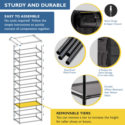 10 Tier Shoe Organizer, Sturdy Tall Shoe Rack for Closet, Bedroom, Garage, Non Woven Fabric Shelf, Black, Holds Up to 50 Pairs