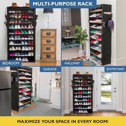 10 Tier Shoe Organizer, Sturdy Tall Shoe Rack for Closet, Bedroom, Garage, Non Woven Fabric Shelf, Black, Holds Up to 50 Pairs