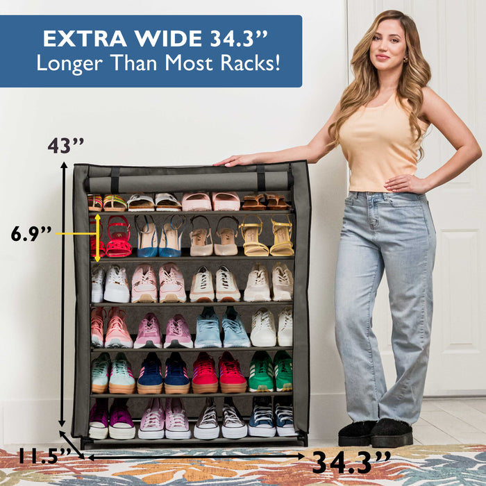 6 Tier Shoe Organizer, Sturdy Tall Shoe Rack for Closet, Bedroom, Garage, Non Woven Fabric Shelf, Grey, Holds Up to 30 Pairs