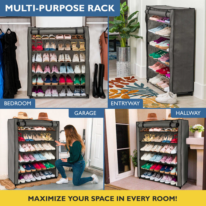 6 Tier Shoe Organizer, Sturdy Tall Shoe Rack for Closet, Bedroom, Garage, Non Woven Fabric Shelf, Grey, Holds Up to 30 Pairs