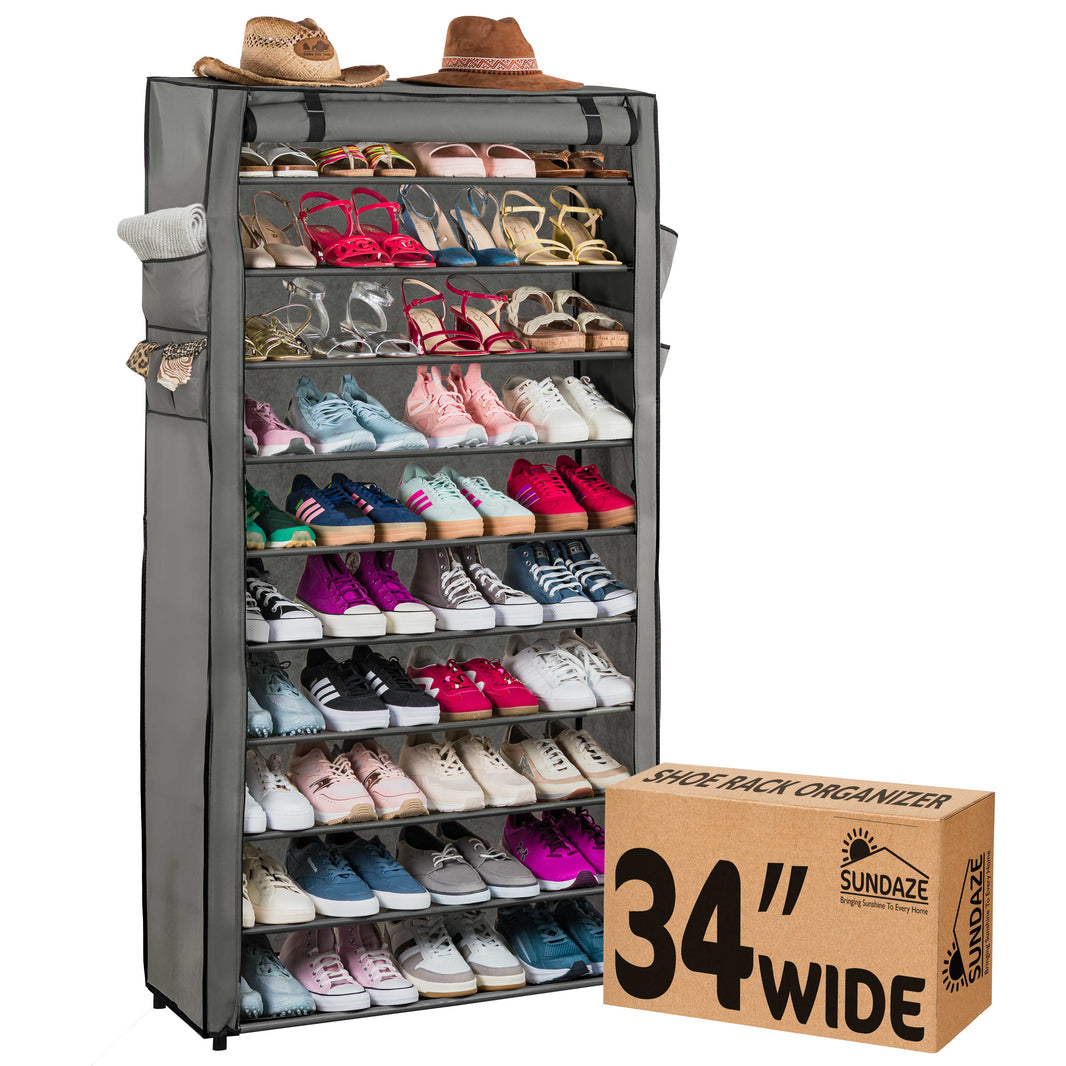10 Tier Shoe Organizer, Sturdy Tall Shoe Rack for Closet, Entrance, Garage, Non Woven Fabric Shelf, Grey, Holds Up to 50 Pairs