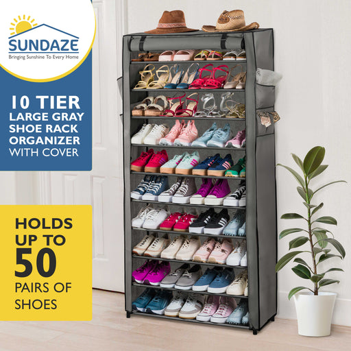 10 Tier, 34.3" Wide Shoe Rack with Cover for Front Door Entrance, Sturdy Tall Shoe Organizer for Bedroom, Closet, Garage, Non Woven Fabric Shelf, Grey, Holds Up to 50 Pairs