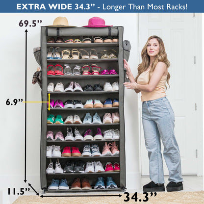 10 Tier Shoe Organizer, Sturdy Tall Shoe Rack for Closet, Entrance, Garage, Non Woven Fabric Shelf, Grey, Holds Up to 50 Pairs