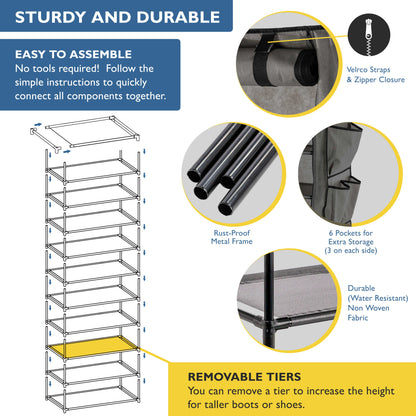 10 Tier Shoe Organizer, Sturdy Tall Shoe Rack for Closet, Entrance, Garage, Non Woven Fabric Shelf, Grey, Holds Up to 50 Pairs