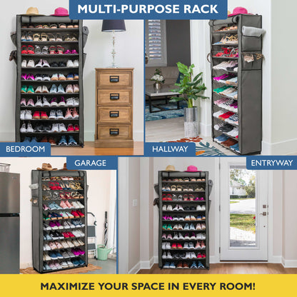 10 Tier Shoe Organizer, Sturdy Tall Shoe Rack for Closet, Entrance, Garage, Non Woven Fabric Shelf, Grey, Holds Up to 50 Pairs