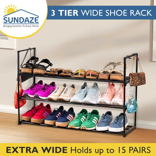 3 Tier Metal Shoe Organizer, Sturdy Long Shoe Rack for Closet, Bedroom, Entryway, Garage, Black Metal, Holds Up to 15 Pairs