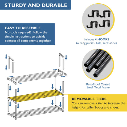 3 Tier Metal Shoe Organizer, Sturdy Long Shoe Rack for Closet, Bedroom, Entryway, Garage, Black Metal, Holds Up to 15 Pairs