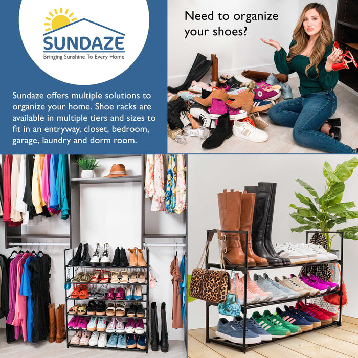 3 Tier Metal Shoe Organizer, Sturdy Long Shoe Rack for Closet, Bedroom, Entryway, Garage, Black Metal, Holds Up to 15 Pairs