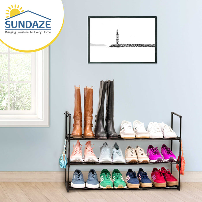 3 Tier Metal Shoe Organizer, Sturdy Long Shoe Rack for Closet, Bedroom, Entryway, Garage, Black Metal, Holds Up to 15 Pairs