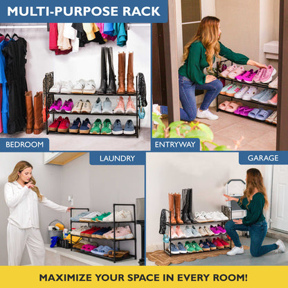 3 Tier Metal Shoe Organizer, Sturdy Long Shoe Rack for Closet, Bedroom, Entryway, Garage, Black Metal, Holds Up to 15 Pairs