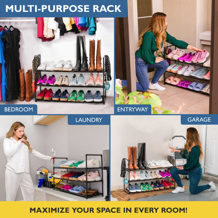 3 Tier Metal Shoe Organizer, Sturdy Long Shoe Rack for Closet, Bedroom, Entryway, Garage, Black Metal, Holds Up to 15 Pairs