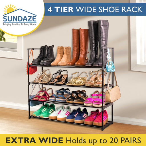 4 Tier Metal Shoe Organizer, Sturdy Long Shoe Rack for Closet, Bedroom, Entryway, Garage, Black Metal, Holds Up to 20 Pairs