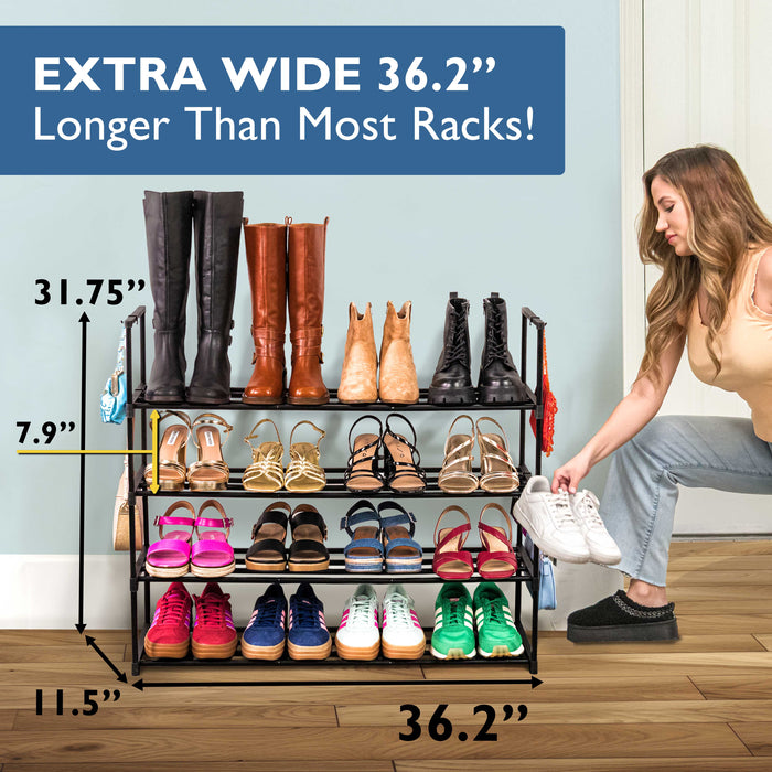 4 Tier Metal Shoe Organizer, Sturdy Long Shoe Rack for Closet, Bedroom, Entryway, Garage, Black Metal, Holds Up to 20 Pairs