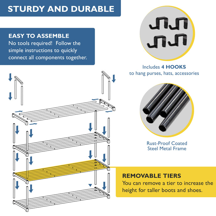 4 Tier Metal Shoe Organizer, Sturdy Long Shoe Rack for Closet, Bedroom, Entryway, Garage, Black Metal, Holds Up to 20 Pairs