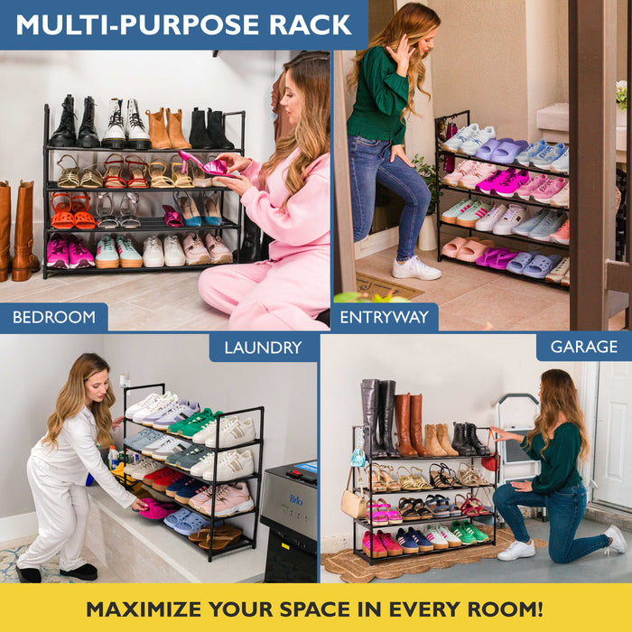 4 Tier Metal Shoe Organizer, Sturdy Long Shoe Rack for Closet, Bedroom, Entryway, Garage, Black Metal, Holds Up to 20 Pairs