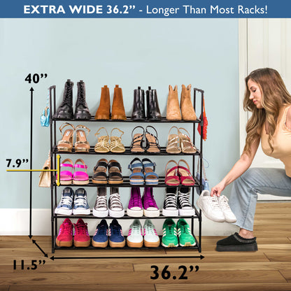 5 Tier Metal Shoe Organizer, Sturdy Long Shoe Rack for Closet, Bedroom, Entryway, Garage, Black Metal, Holds Up to 25 Pairs