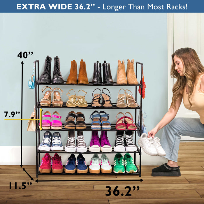 5 Tier Metal Shoe Organizer, Sturdy Long Shoe Rack for Closet, Bedroom, Entryway, Garage, Black Metal, Holds Up to 25 Pairs