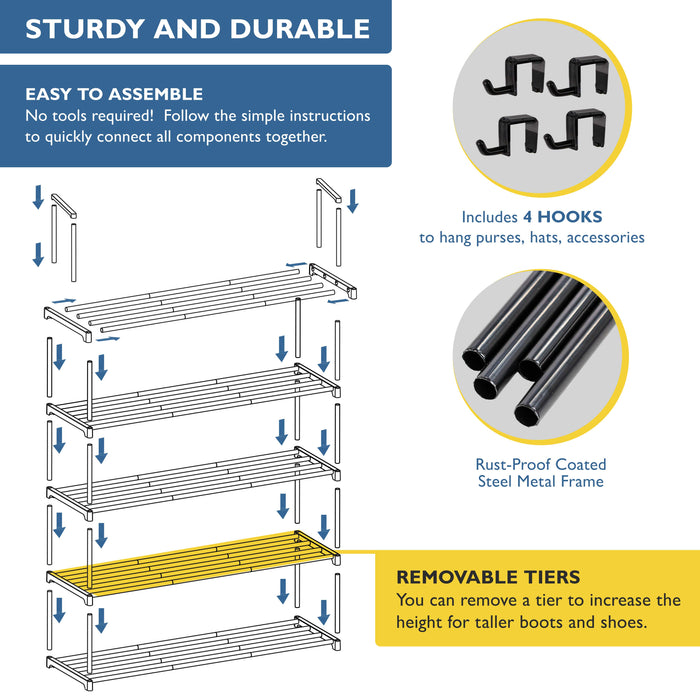 5 Tier Metal Shoe Organizer, Sturdy Long Shoe Rack for Closet, Bedroom, Entryway, Garage, Black Metal, Holds Up to 25 Pairs