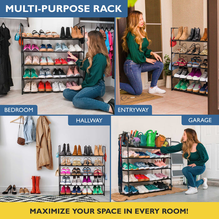 5 Tier Metal Shoe Organizer, Sturdy Long Shoe Rack for Closet, Bedroom, Entryway, Garage, Black Metal, Holds Up to 25 Pairs