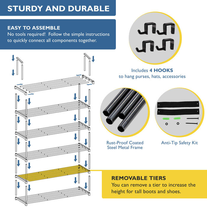 6 Tier Metal Shoe Organizer, Sturdy Tall Shoe Rack for Closet, Bedroom, Entryway, Garage, Black Metal, Holds Up to 30 Pairs