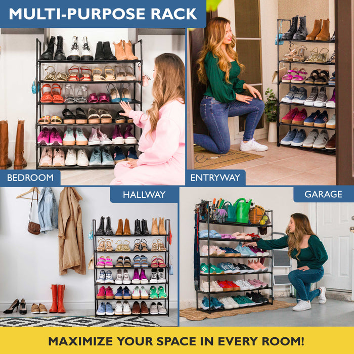 6 Tier Metal Shoe Organizer, Sturdy Tall Shoe Rack for Closet, Bedroom, Entryway, Garage, Black Metal, Holds Up to 30 Pairs