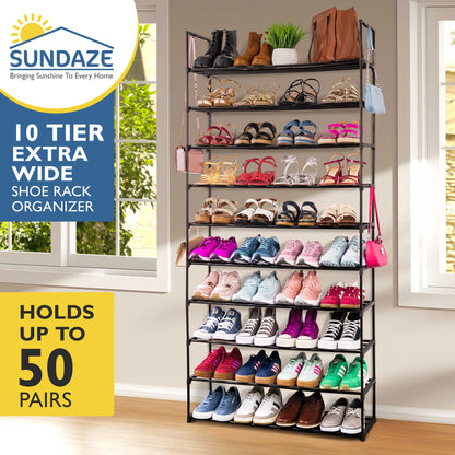 10 Tier Metal Shoe Organizer, Sturdy Tall Shoe Rack for Closet, Bedroom, Entryway, Garage, Black Metal, Holds Up to 50 Pairs
