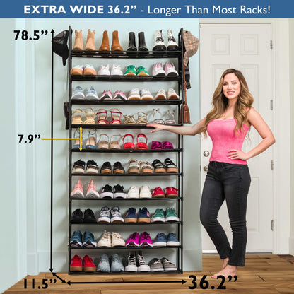 10 Tier Metal Shoe Organizer, Sturdy Tall Shoe Rack for Closet, Bedroom, Entryway, Garage, Black Metal, Holds Up to 50 Pairs