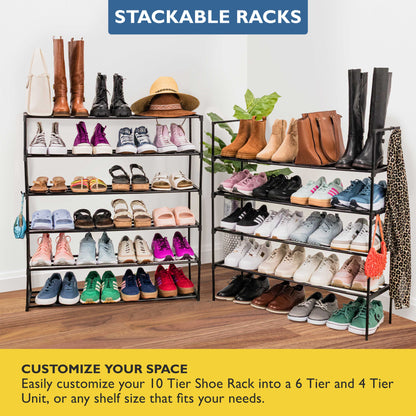 10 Tier Metal Shoe Organizer, Sturdy Tall Shoe Rack for Closet, Bedroom, Entryway, Garage, Black Metal, Holds Up to 50 Pairs