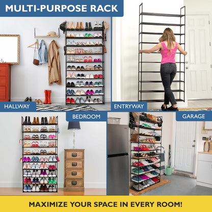 10 Tier Metal Shoe Organizer, Sturdy Tall Shoe Rack for Closet, Bedroom, Entryway, Garage, Black Metal, Holds Up to 50 Pairs