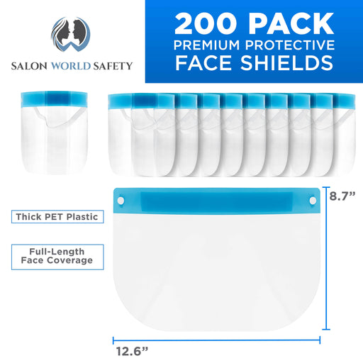Face Shields - Case of 20 Packs of 10 (200 Shields) - Ultra Clear Protective Full Face Shields to Protect Eyes, Nose and Mouth - Anti-Fog PET Plastic