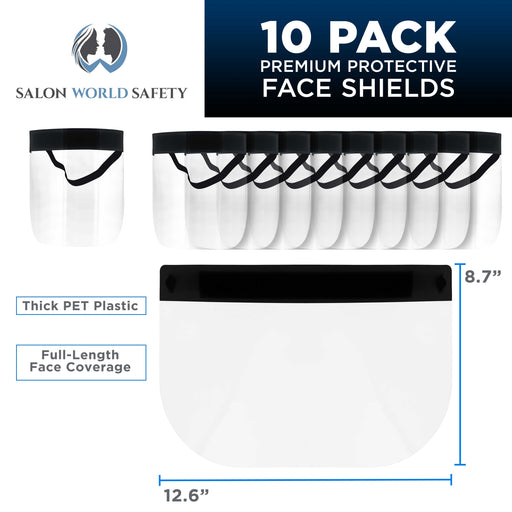 Black Face Shields (10 Pack) - Ultra Clear Protective Full Face Shields, Protect Eyes Nose Mouth, Anti-Fog PET Plastic - Sanitary Droplet Splash Guard