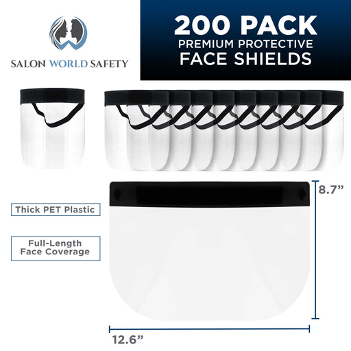 Face Shields - Case of 20 Packs (200 Black Shields) - Ultra Clear Protective Full Face Shields to Protect Eyes, Nose and Mouth - Anti-Fog PET Plastic
