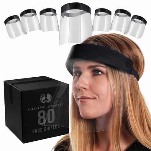 80 Black Face Shields (20 Packs of 4) - Ultra Clear Protective Full Face Shields to Protect Eyes, Nose, Mouth - Anti-Fog PET Plastic, Elastic Headband