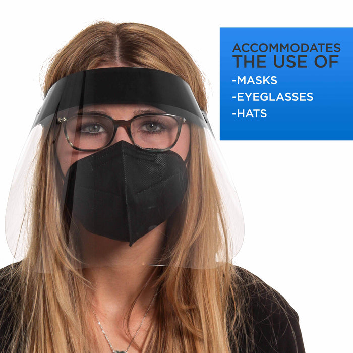 Face Shields (100 Black & 100 Blue) - Ultra Clear Protective Full Face Shields to Protect Eyes, Nose, Mouth - Anti-Fog PET Plastic, Elastic Headband