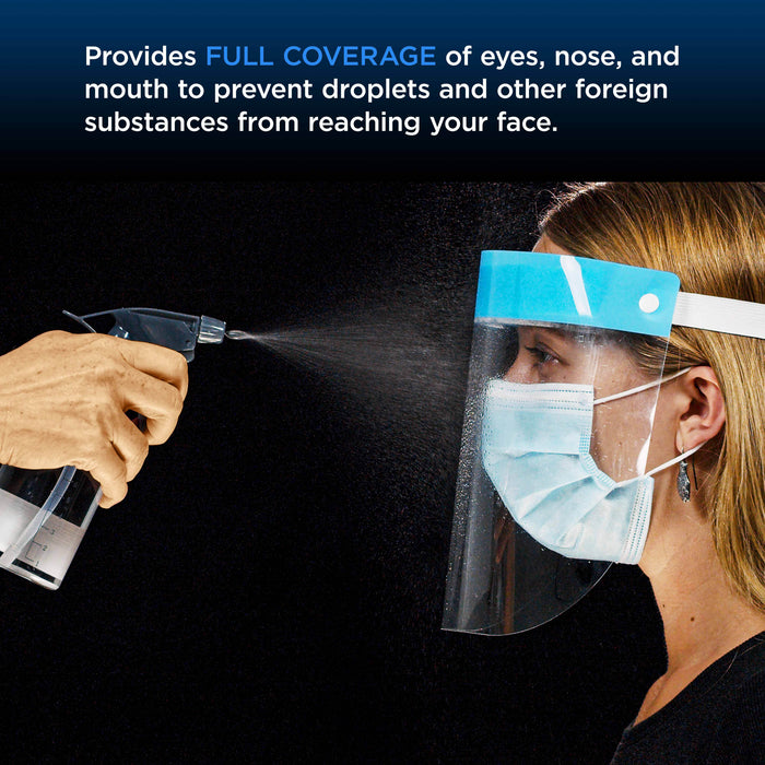 Face Shields (100 Black & 100 Blue) - Ultra Clear Protective Full Face Shields to Protect Eyes, Nose, Mouth - Anti-Fog PET Plastic, Elastic Headband