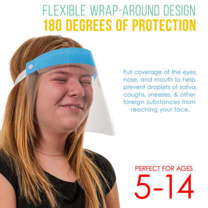 Salon World Safety 200 Kids Face Shields (20 Packs of 10) - 5 Colors, 40 of Each - Clear Protective Children's Full Face Shields, Anti-Fog PET Plastic