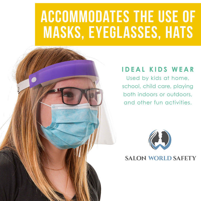 Salon World Safety 200 Kids Face Shields (20 Packs of 10) - 5 Colors, 40 of Each - Clear Protective Children's Full Face Shields, Anti-Fog PET Plastic