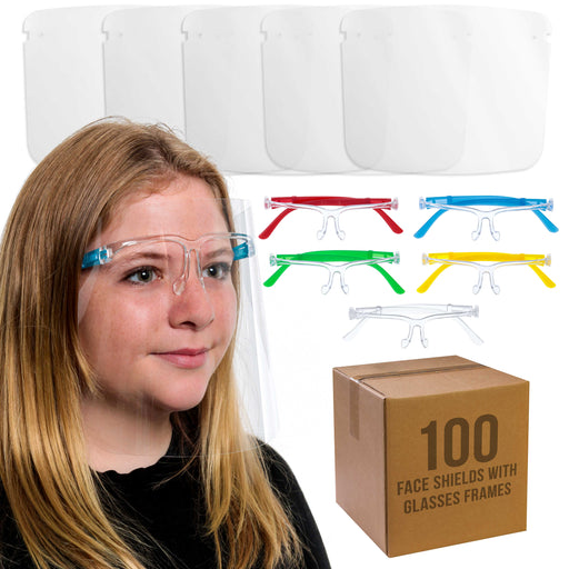 100 Kids Face Shields with Glasses Frames (20 Packs of 5) - 5 Colors, 20 Each - Protective Children's Full Face Shields - Anti-Fog PET Plastic