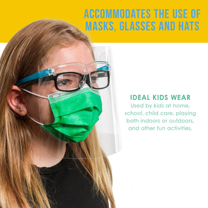 200 Kids Face Shields with Glasses Frames (20 Packs of 10) - 5 Colors, 40 Each - Protective Children's Full Face Shields - Anti-Fog PET Plastic
