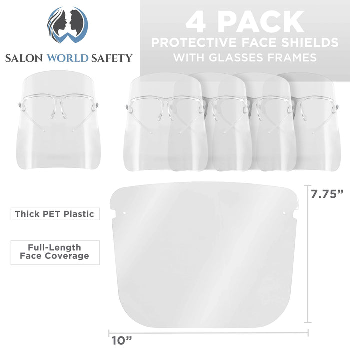 Safety Face Shields with All Clear Glasses Frames (4 Pack) - Ultra Clear Protective Full Face Shields, Protect Eyes Nose Mouth - Anti-Fog PET Plastic