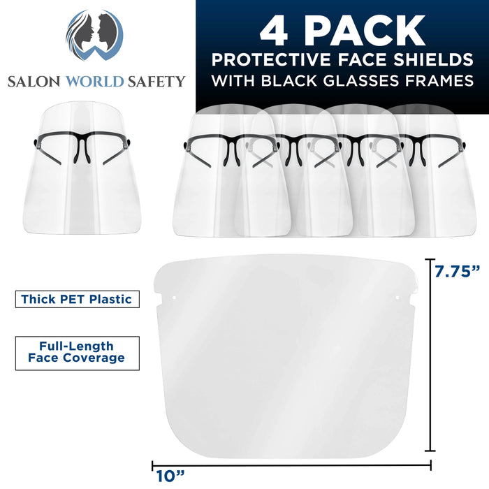 Safety Face Shields with Black Glasses Frames (Pack of 4) - Ultra Clear Protective Full Face Shields to Protect Eyes Nose Mouth - Anti-Fog PET Plastic