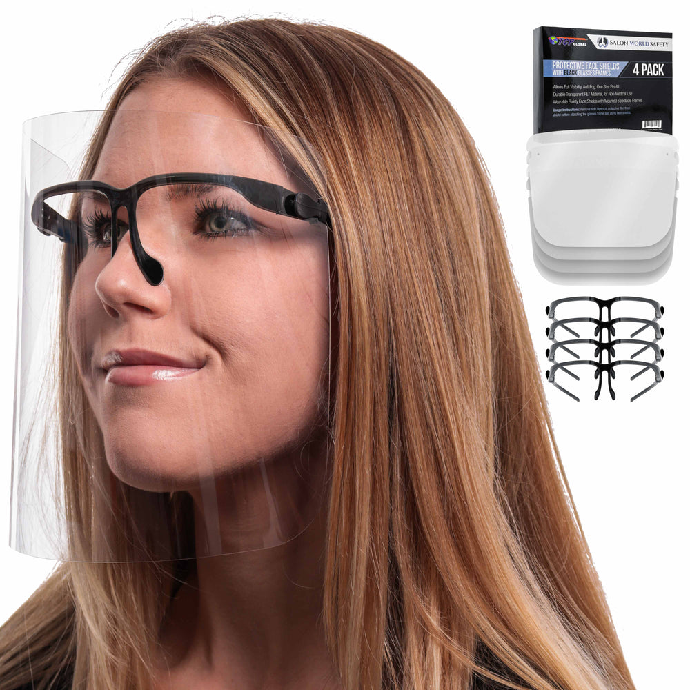 Safety Face Shields with Black Glasses Frames (Pack of 4) - Ultra Clear Protective Full Face Shields to Protect Eyes Nose Mouth - Anti-Fog PET Plastic