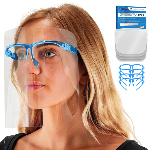 Safety Face Shields with Blue Glasses Frames (Pack of 4) - Ultra Clear Protective Full Face Shields to Protect Eyes Nose Mouth - Anti-Fog PET Plastic